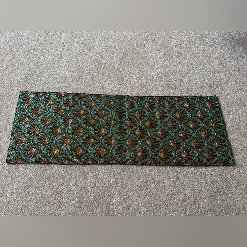 Beaded table runner centerpiece peacock tail
